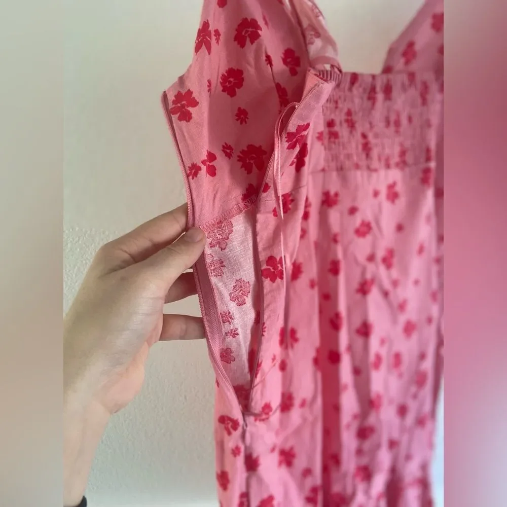 NWT Zara Floral Ruffle Linen V-Neck Mini Dress Pink/ Red Sz S